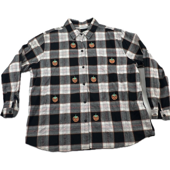 VICTORIA JONES Women's 2x BLACK WHITE Buffalo Plaid embroidered Jack o lanterns - Picture 1 of 6
